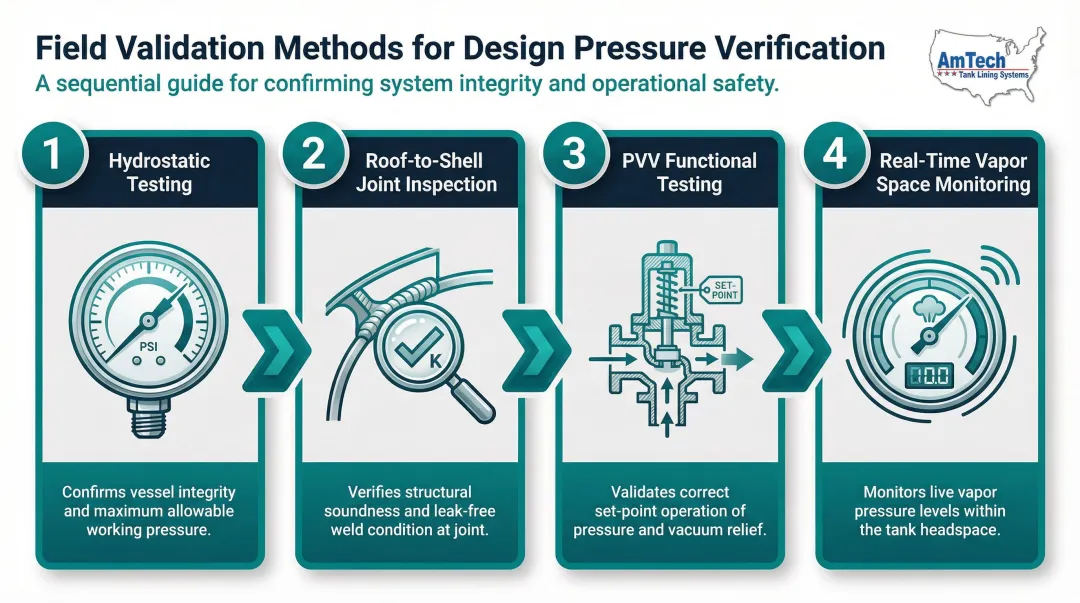 Four field validation methods for atmospheric tank design pressure verification during operation