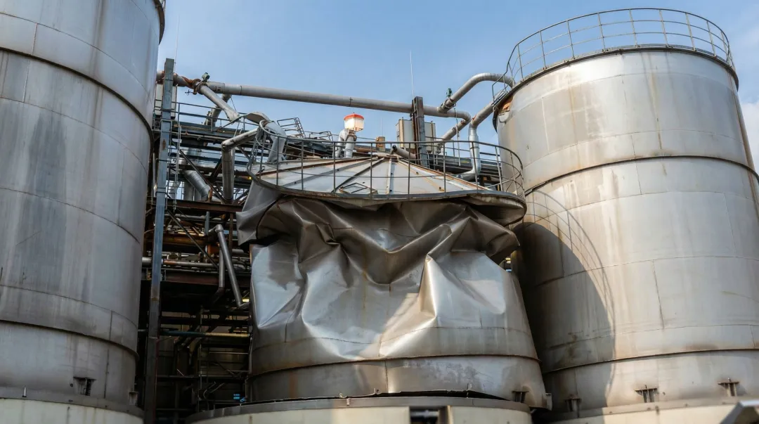 Buckled atmospheric storage tank shell showing vacuum collapse structural failure damage