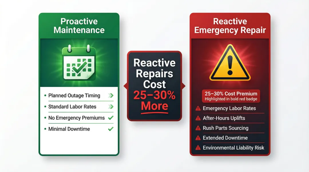 Proactive versus reactive tank maintenance cost comparison with 25-30 percent premium breakdown
