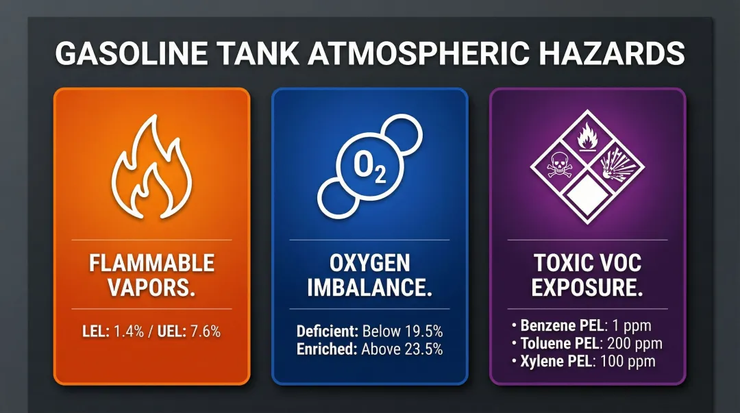 Three atmospheric hazard categories inside gasoline storage tanks with exposure limits
