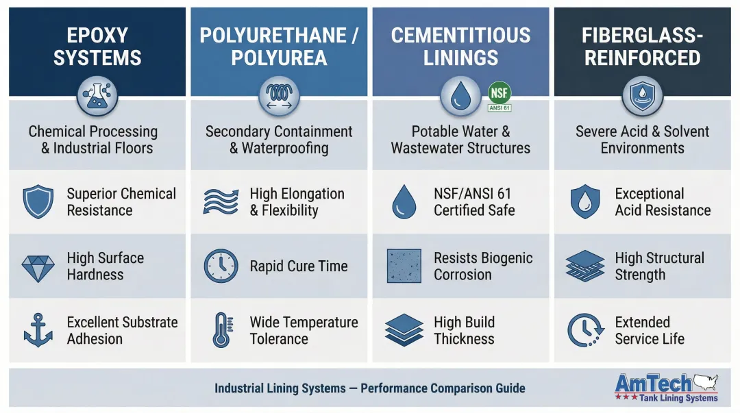 Four-way lining system comparison chart for atmospheric storage tank interiors
