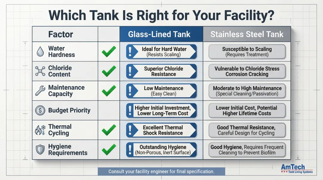 Glass-lined versus stainless steel tank selection decision checklist six-factor comparison