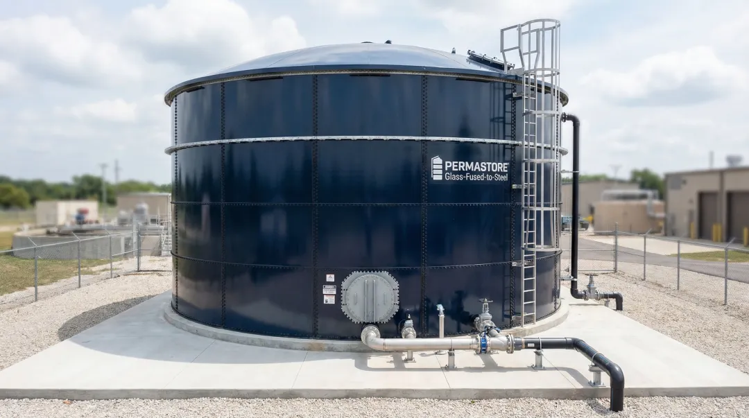 Large glass-lined steel water storage tank at municipal water infrastructure facility