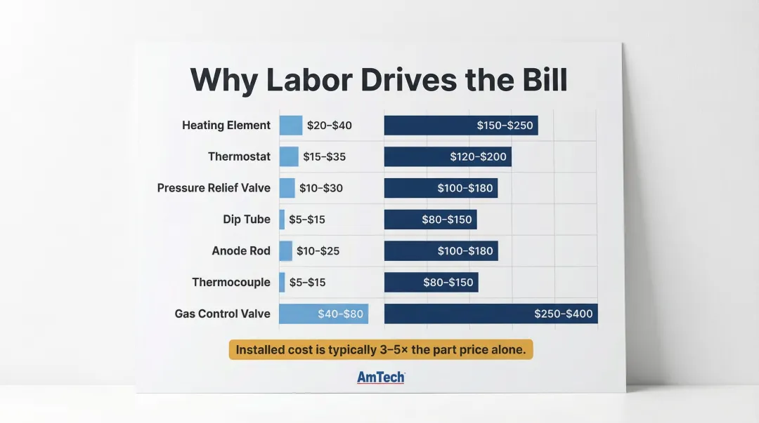 Water heater parts-only price versus fully installed cost comparison chart