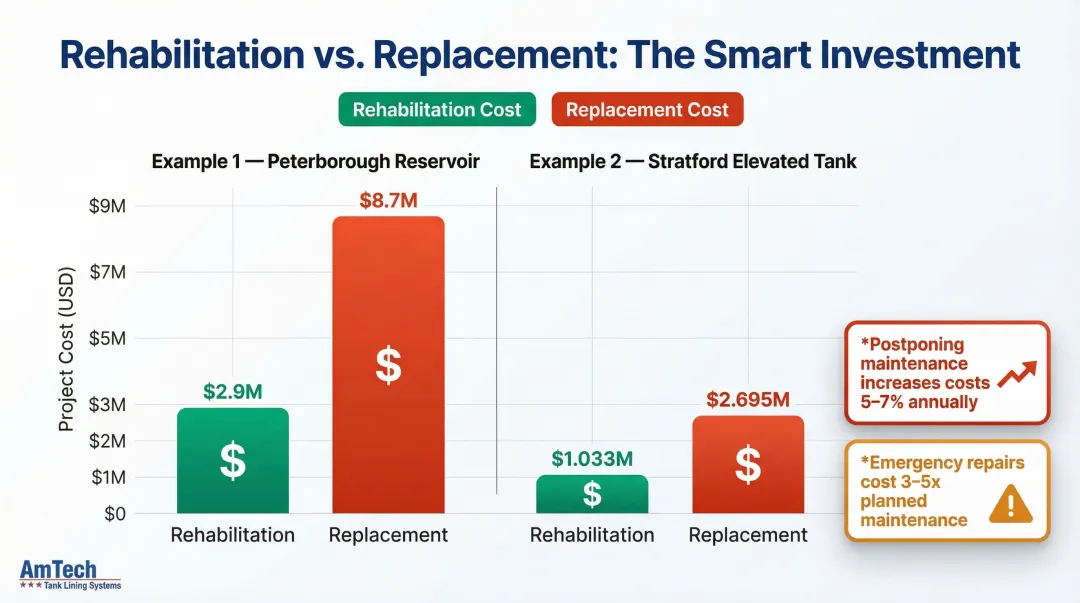Concrete tank rehabilitation versus replacement cost comparison bar chart infographic