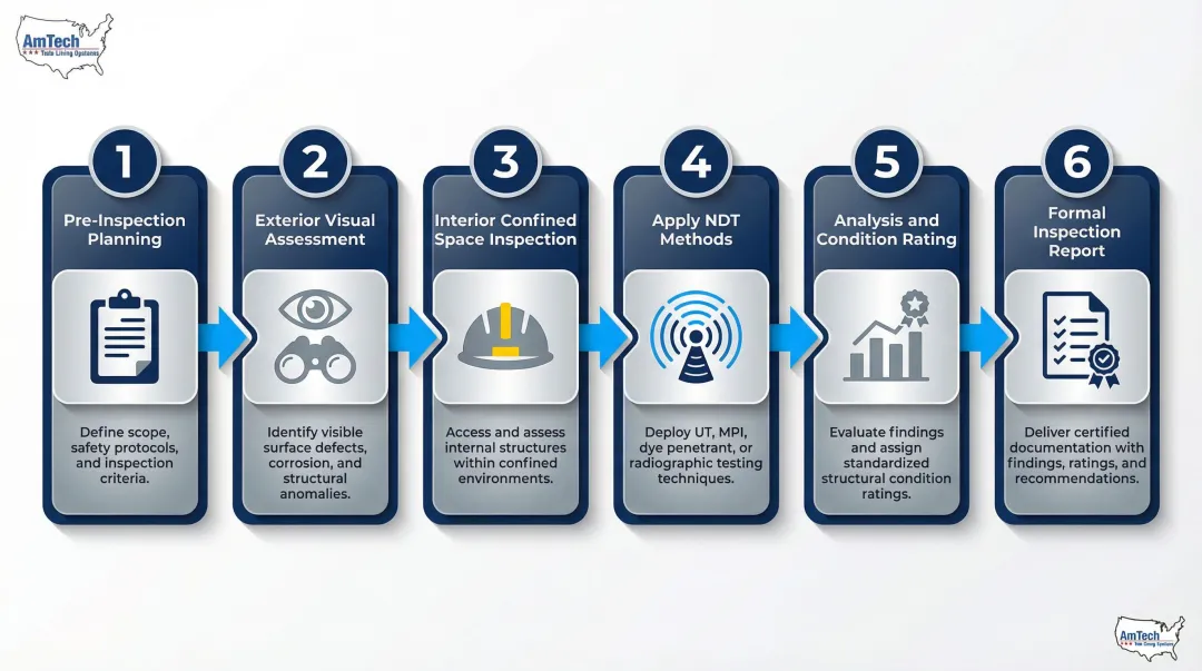 Six-step concrete tank NDT inspection process flow from planning to reporting