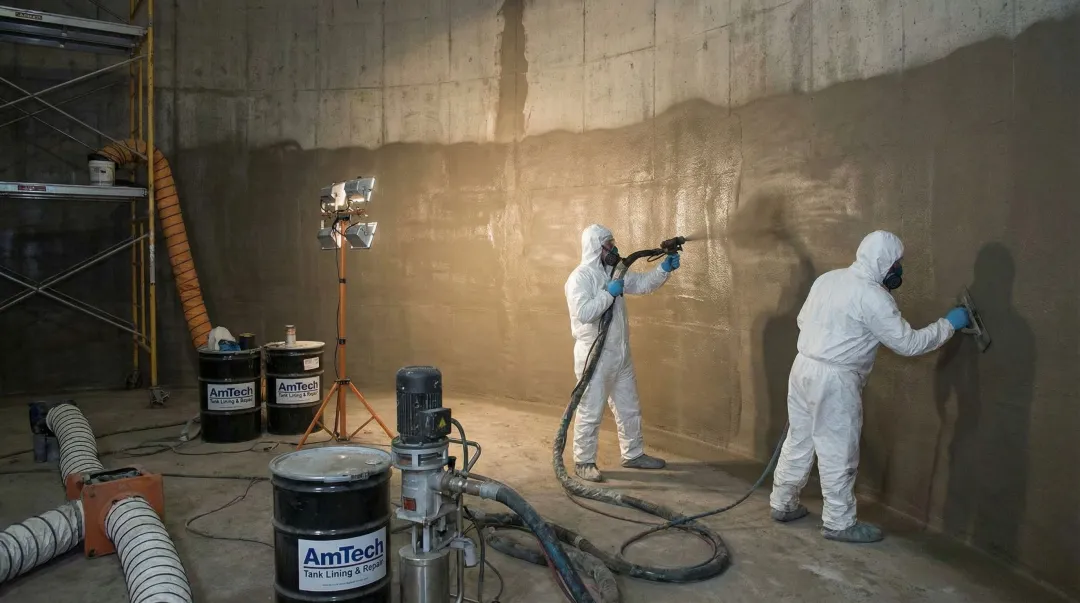 AmTech Tank Lining crew applying cementitious lining inside concrete water tank