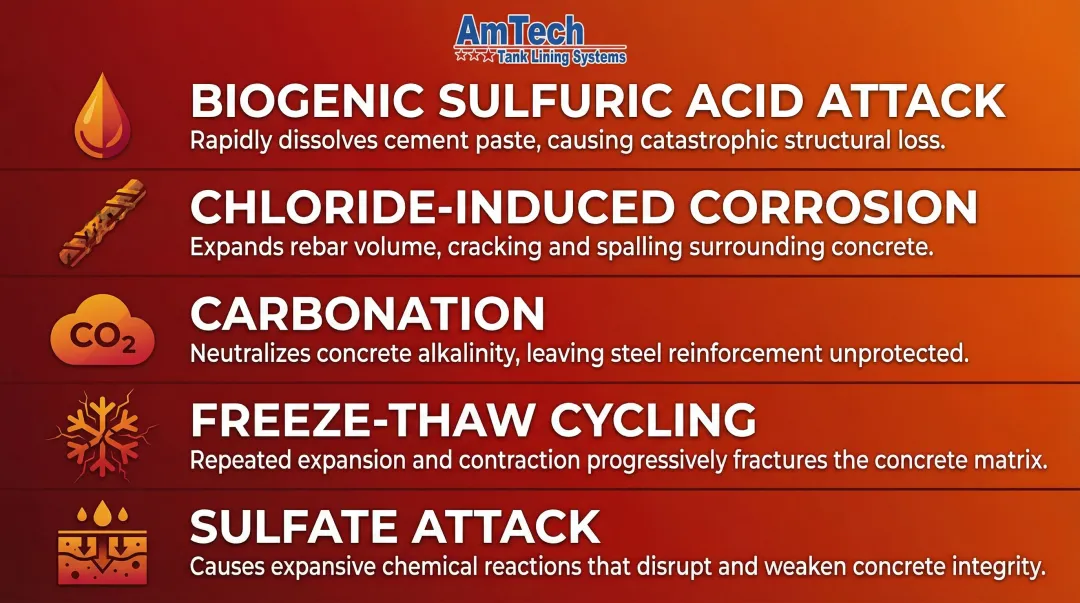 Five concrete tank degradation mechanisms illustrated in process comparison infographic