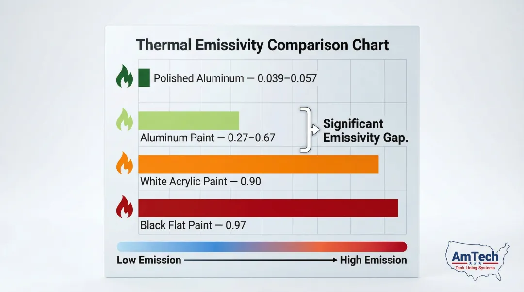 Thermal emissivity comparison chart for aluminum silver white and black paint coatings
