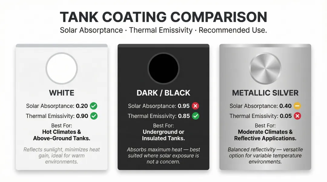 Tank color comparison chart silver white and black solar absorptance emissivity performance