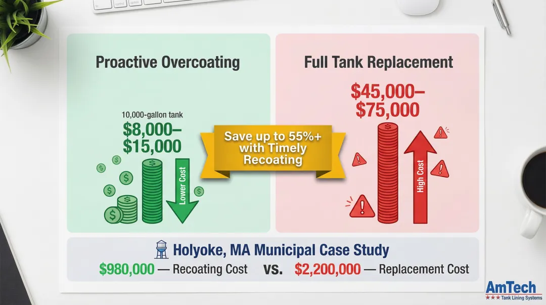 Hot water tank recoating versus full replacement cost comparison infographic with savings breakdown
