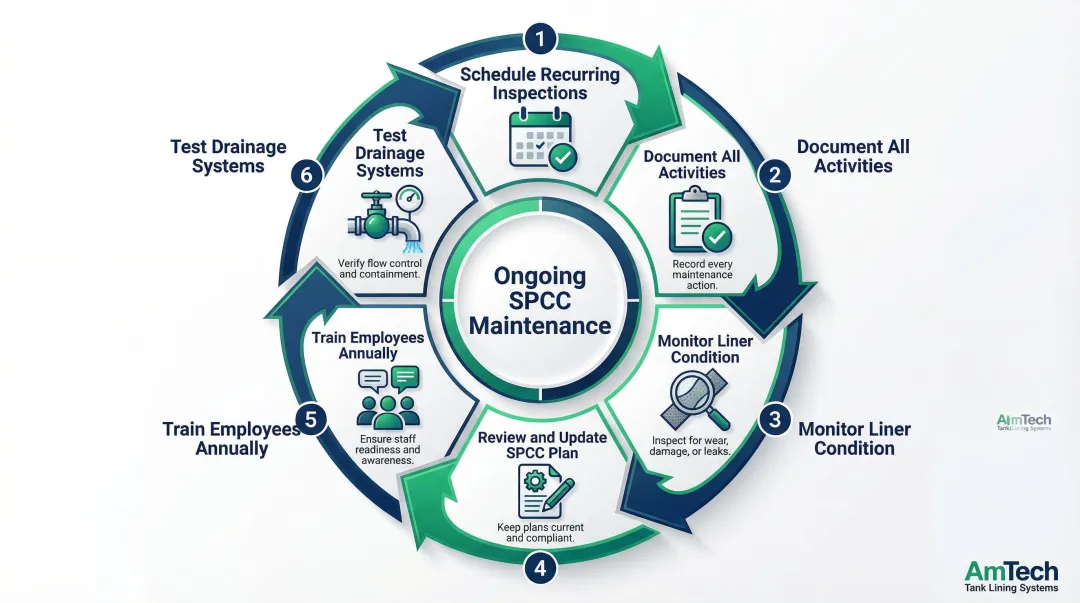 6-step ongoing SPCC secondary containment maintenance compliance checklist process flow