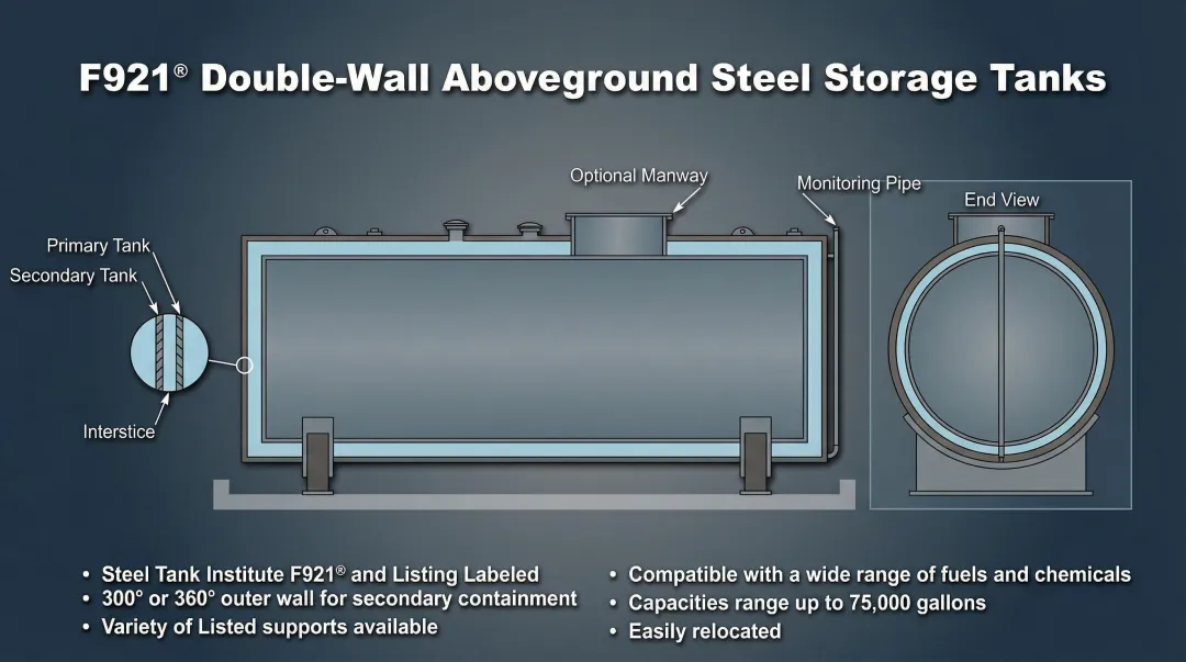 Double-wall above ground storage tank with interstitial space for secondary containment