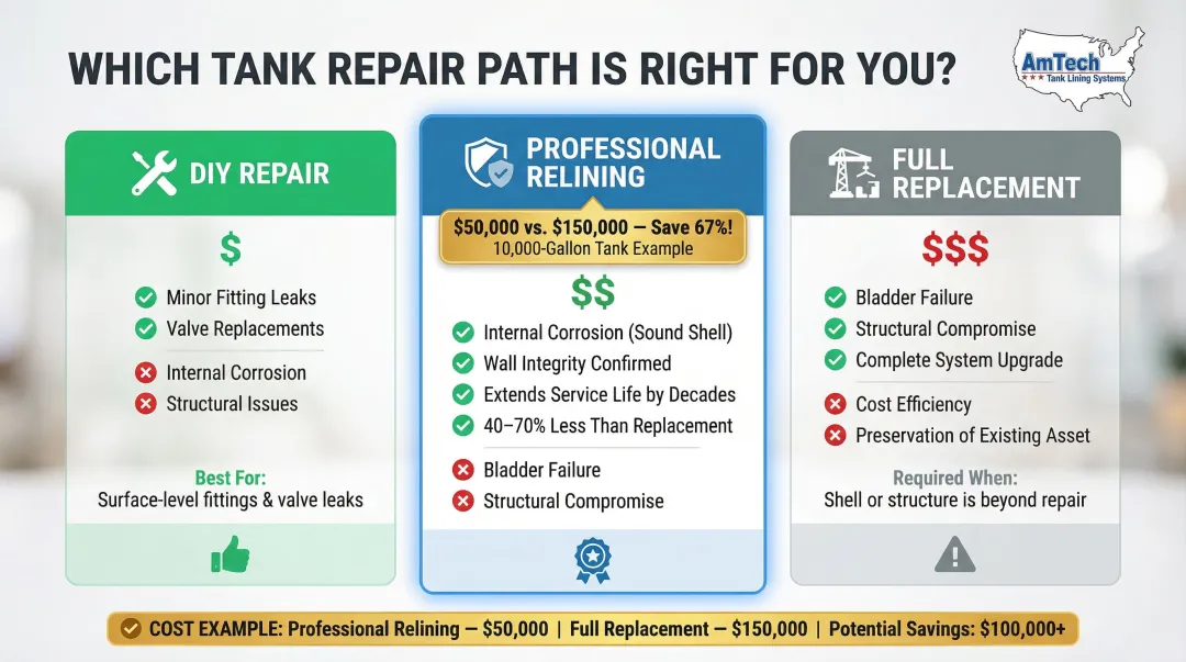 Pressure tank repair versus professional relining versus full replacement cost comparison chart