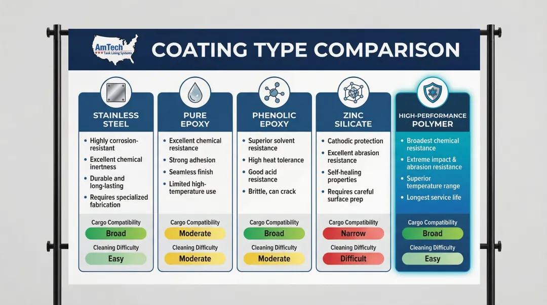 Five chemical tanker coating types comparison chart with cargo compatibility and key traits