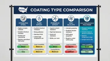 Five chemical tanker coating types comparison chart with cargo compatibility and key traits