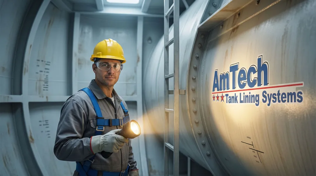 Chemical tanker crew member inspecting cargo tank interior coating condition during cleaning
