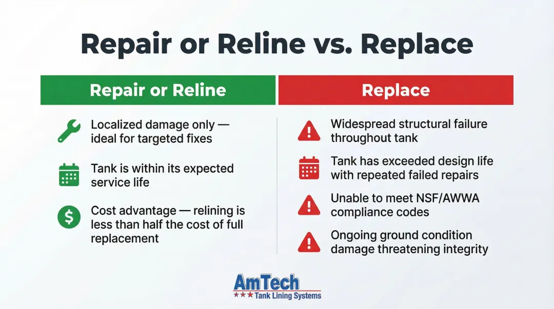 Underground water tank repair versus replacement decision factors comparison chart