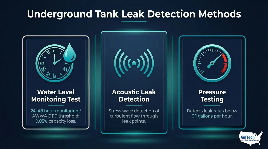 Three underground water tank leak detection methods comparison process infographic