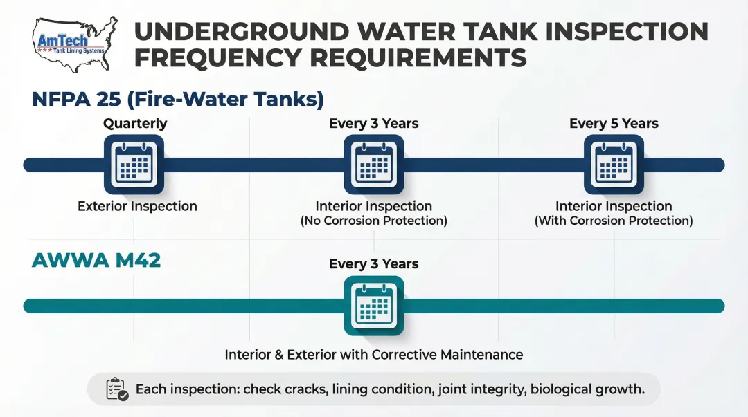 Underground water tank inspection schedule timeline NFPA 25 and AWWA M42 standards