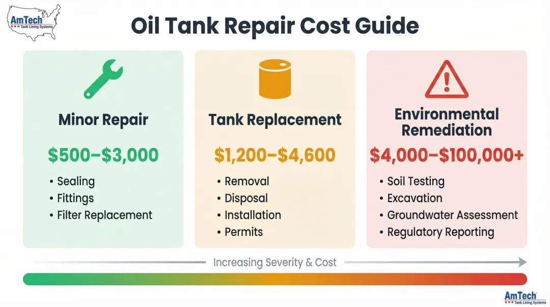 Oil tank leak repair cost ranges comparison across three repair scenario types