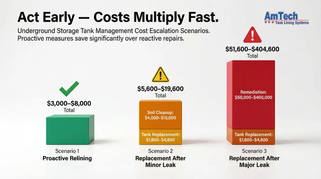 Proactive tank relining versus post-leak replacement total cost scenario comparison infographic