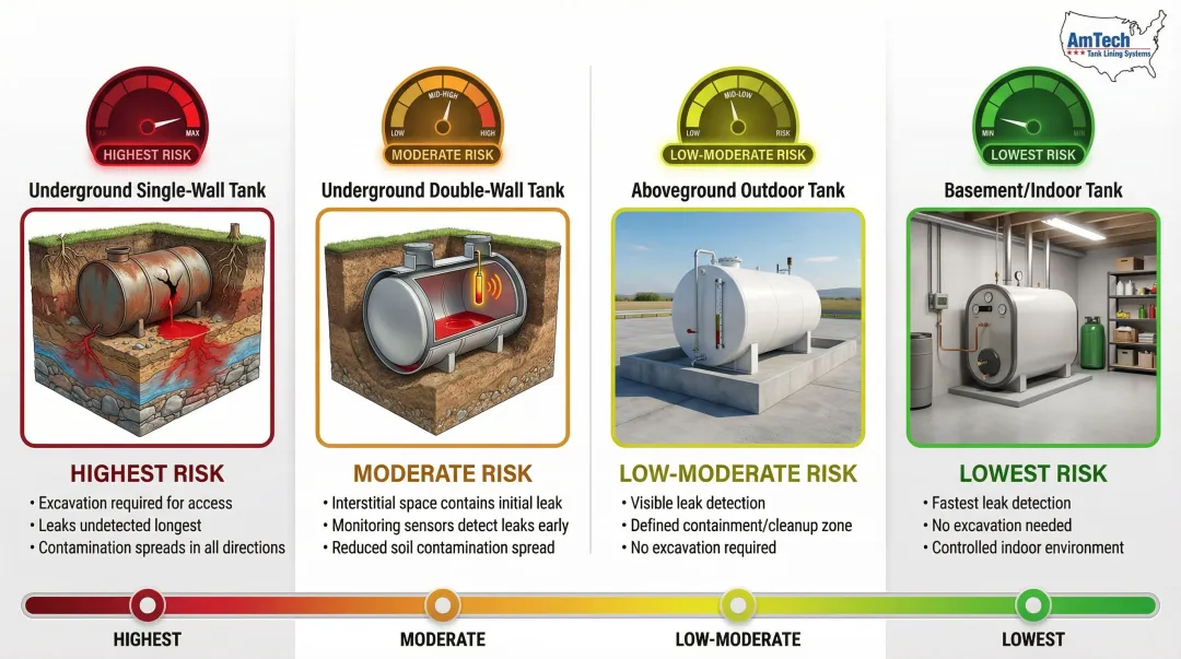 Oil tank type and location comparison showing leak detection risk and contamination spread factors