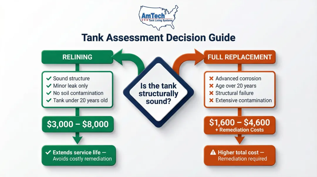 Tank repair relining versus full replacement cost comparison with decision criteria breakdown