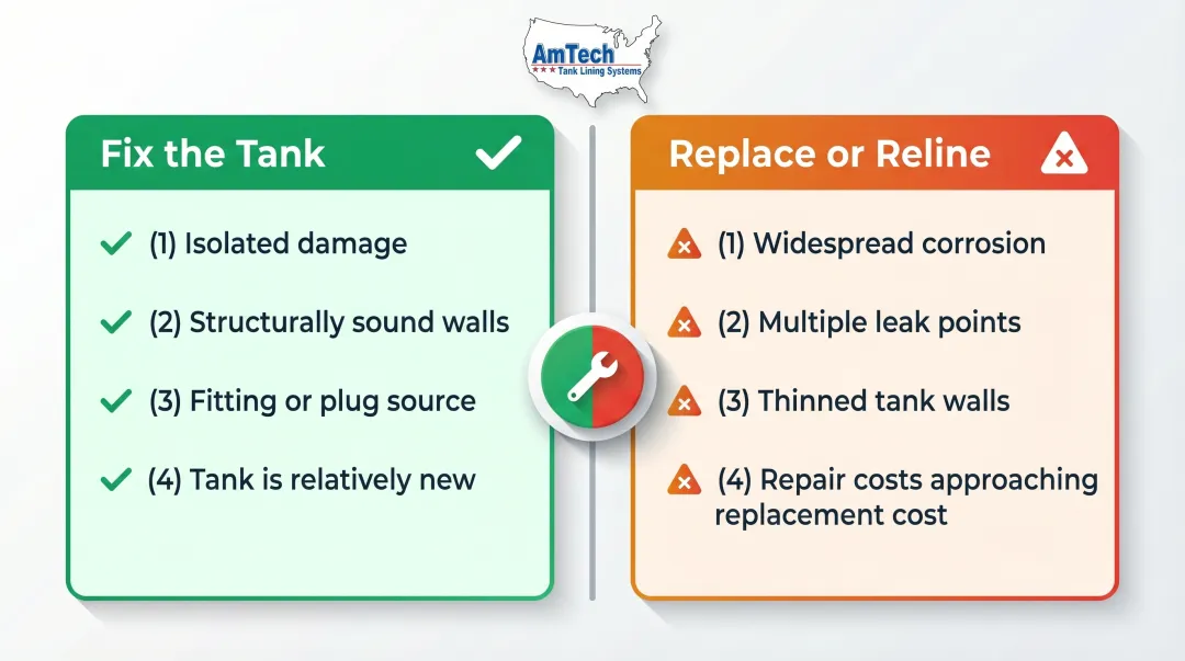 Fix versus replace leaking stock tank decision comparison chart infographic