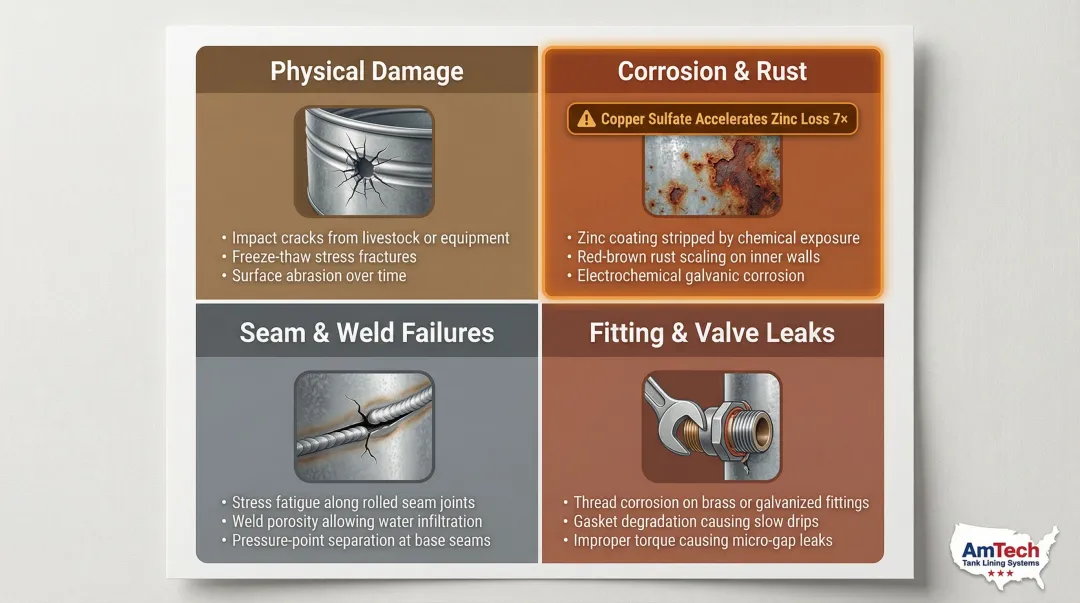 Four common stock tank leak causes comparison diagram with icons