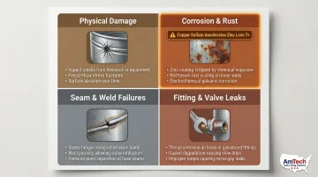 Four common stock tank leak causes comparison diagram with icons