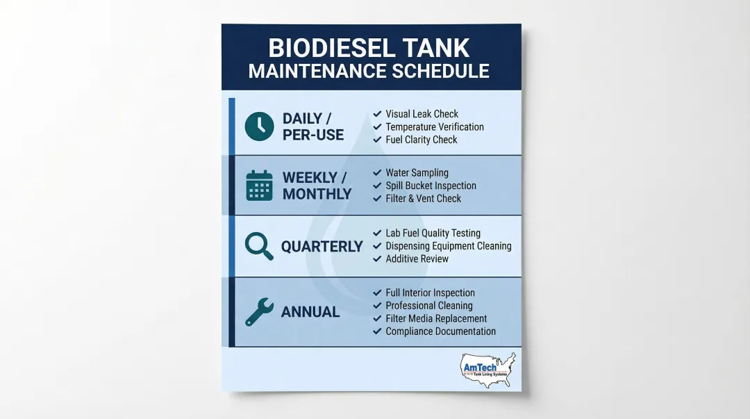 Biodiesel storage tank maintenance schedule from daily checks to annual inspection tasks
