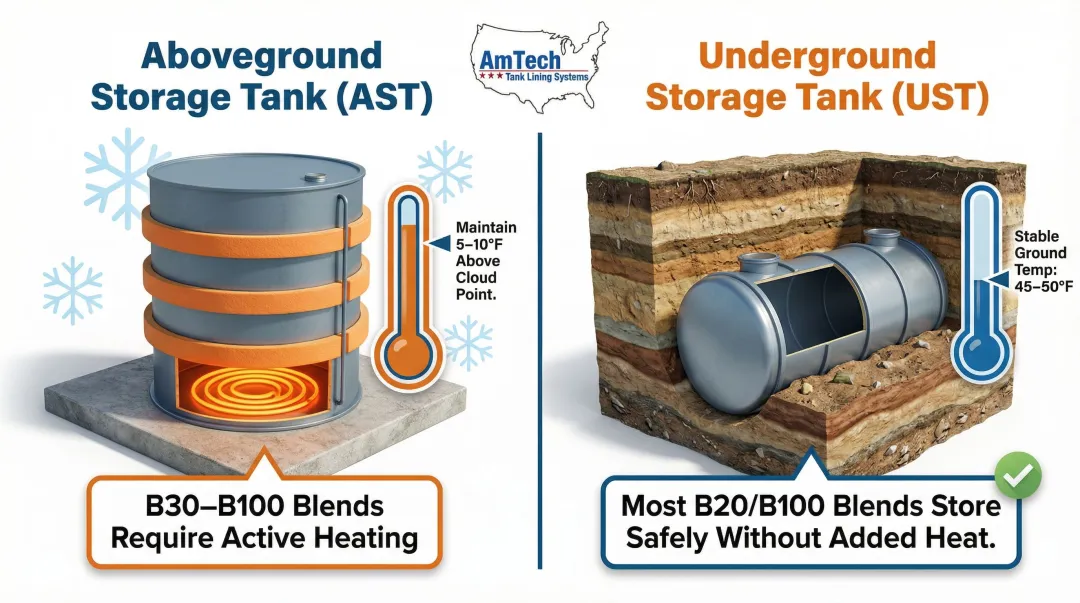 Biodiesel temperature storage requirements for aboveground versus underground tanks