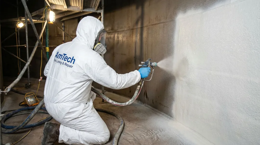 AmTech Tank Lining technician applying biodiesel-compatible interior lining during tank overhaul