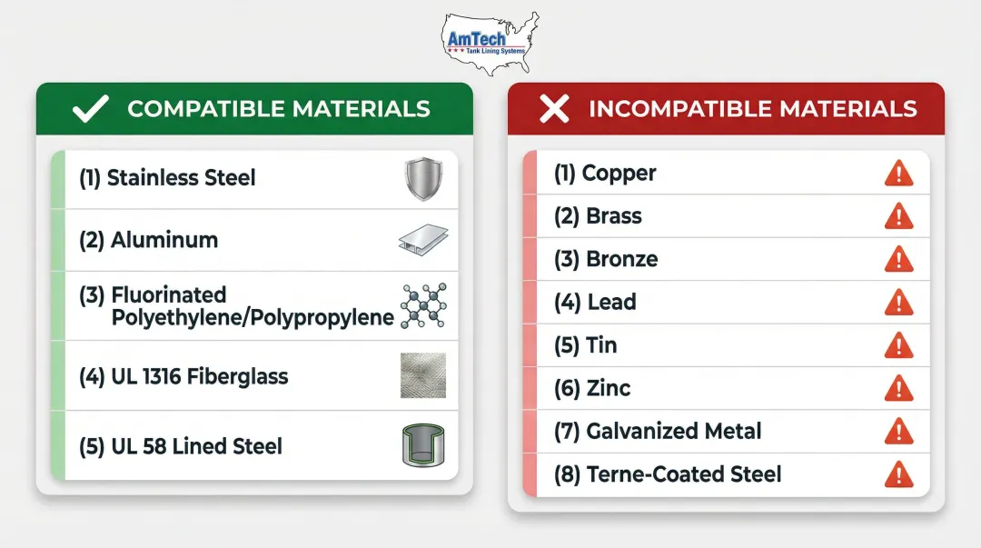 Compatible versus incompatible biodiesel storage tank materials comparison chart