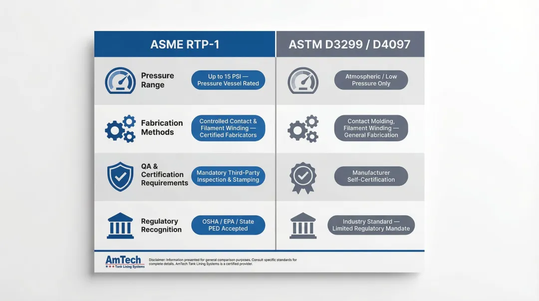 ASME RTP-1 versus ASTM D3299 D4097 side-by-side standards comparison chart