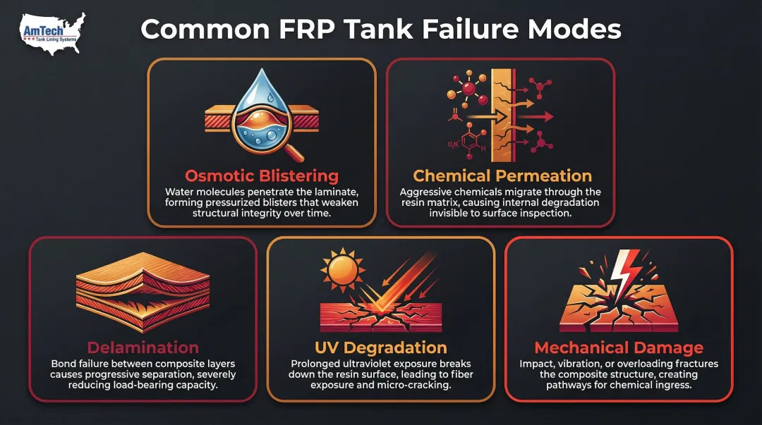 Five FRP tank degradation mechanisms illustrated icons and descriptions infographic