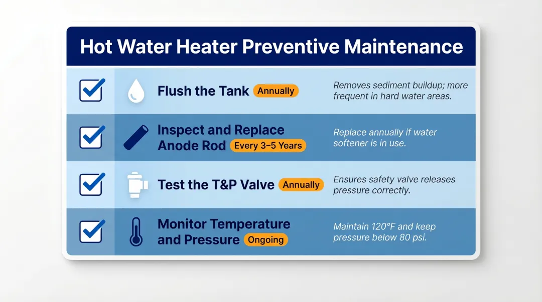 Annual hot water heater preventive maintenance checklist with four key tasks