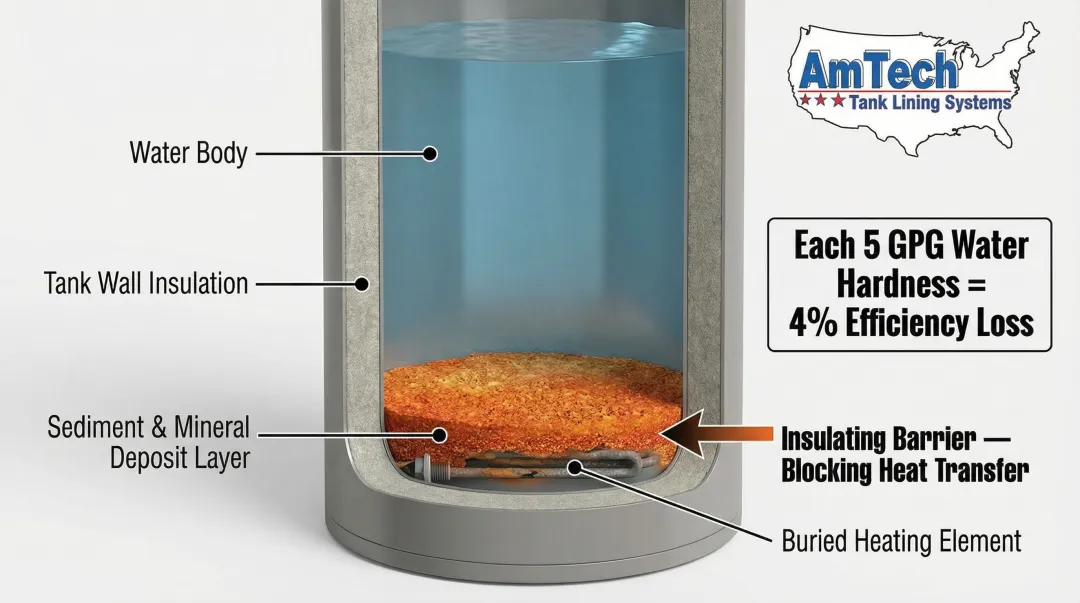 Sediment buildup in water heater tank reducing heat transfer efficiency diagram