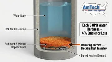 Sediment buildup in water heater tank reducing heat transfer efficiency diagram