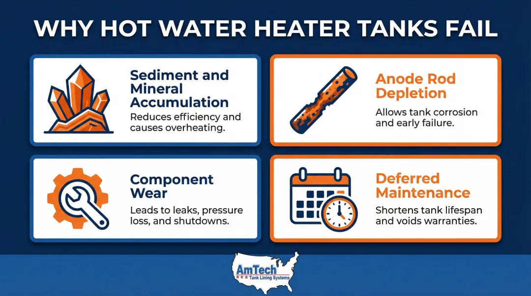 Four root causes of hot water heater tank failure comparison infographic