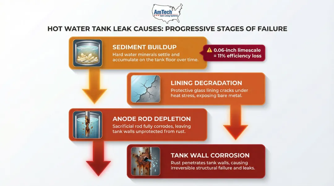 Four hot water tank failure causes chain reaction from sediment to leak infographic