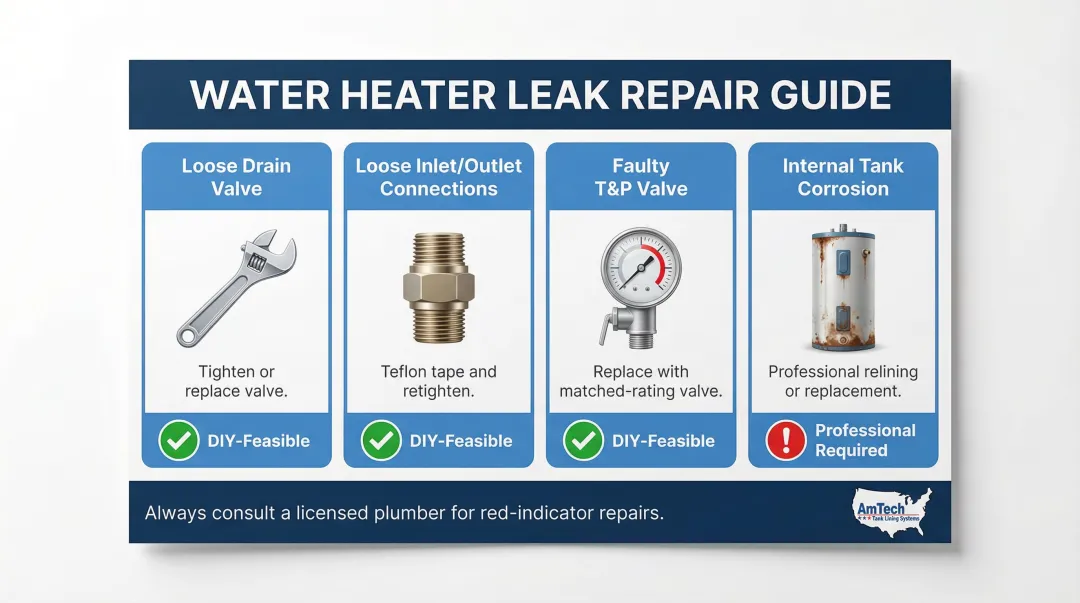 Hot water tank repair options by leak type four-part decision guide infographic