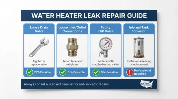 Hot water tank repair options by leak type four-part decision guide infographic