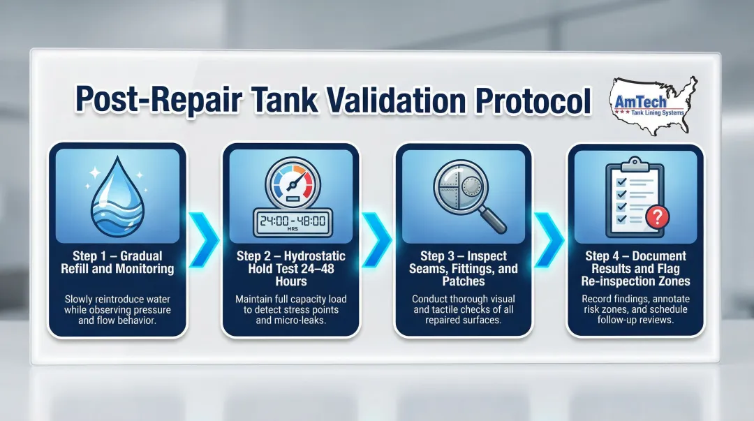 Four-step water tank repair validation and hydrostatic testing process flow