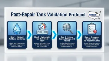 Four-step water tank repair validation and hydrostatic testing process flow