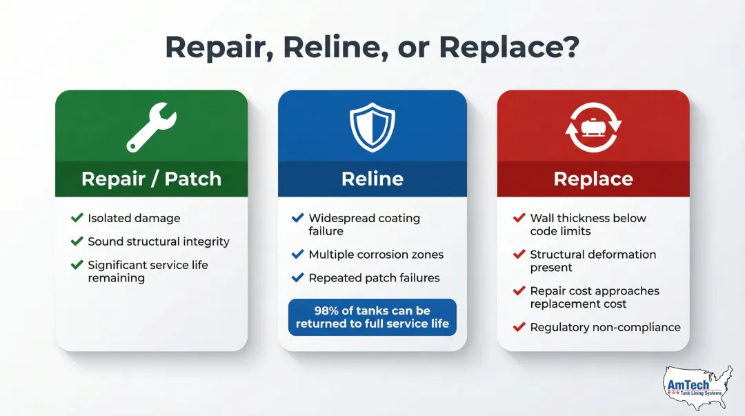 Repair versus reline versus replace water tank decision comparison infographic