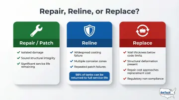 Repair versus reline versus replace water tank decision comparison infographic