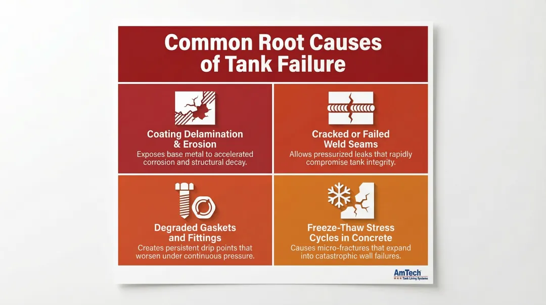 Four root causes of water tank leaks with failure type breakdown infographic