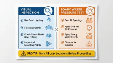Two-method plastic gas tank leak detection process visual inspection and pressure test